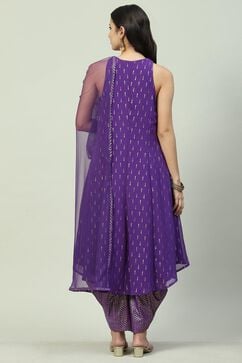 Purple Cotton Blend Asymmetric Printed Kurta Suit Set image number 5