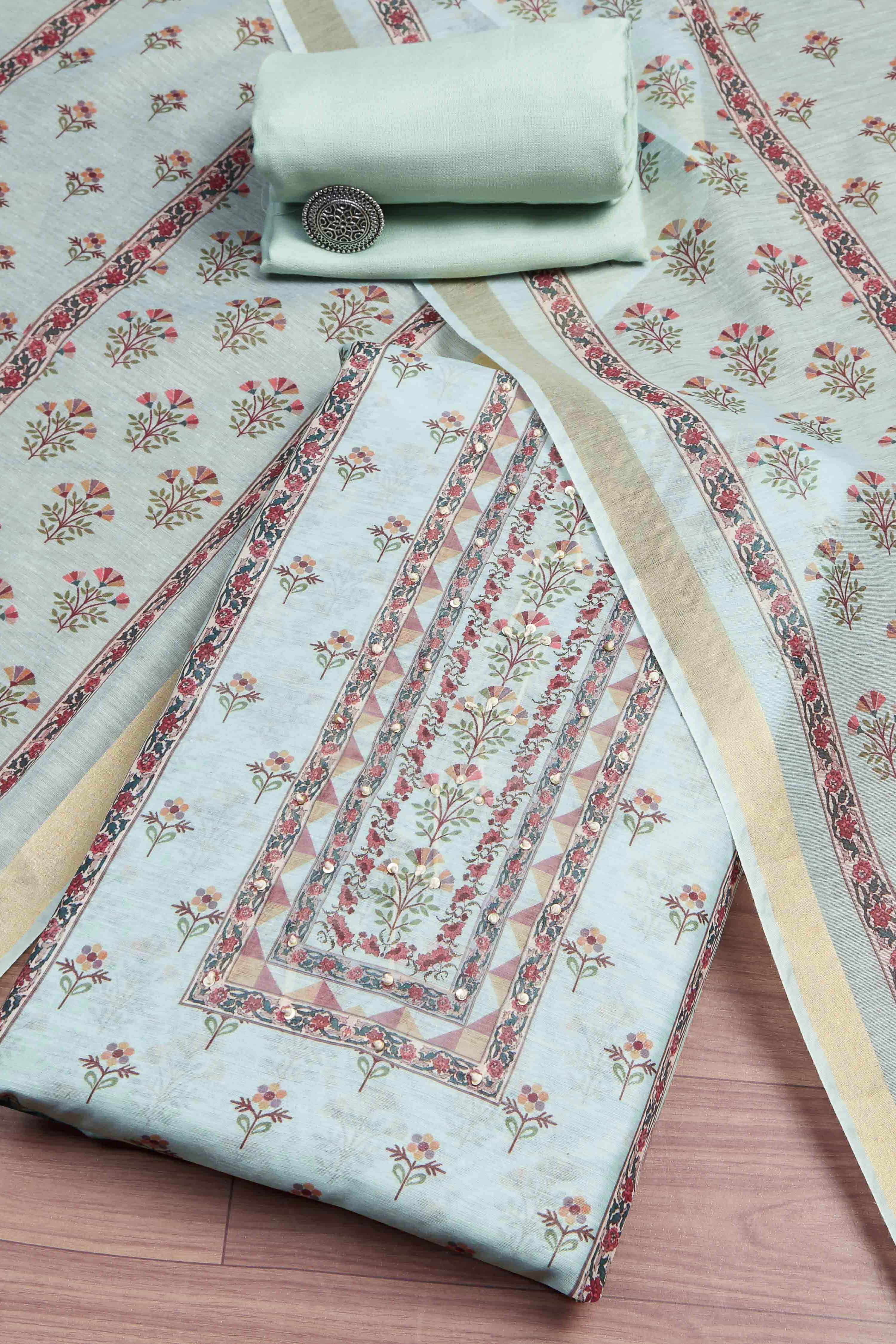 Green Muslin Rajasthani Print Unstitched Suit Set image number 0