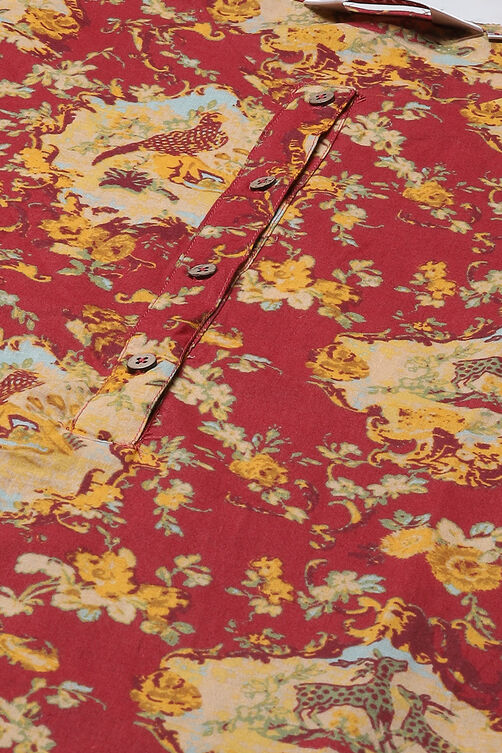Red Cotton Straight Kurta Relaxed Pant Suit Set image number 1