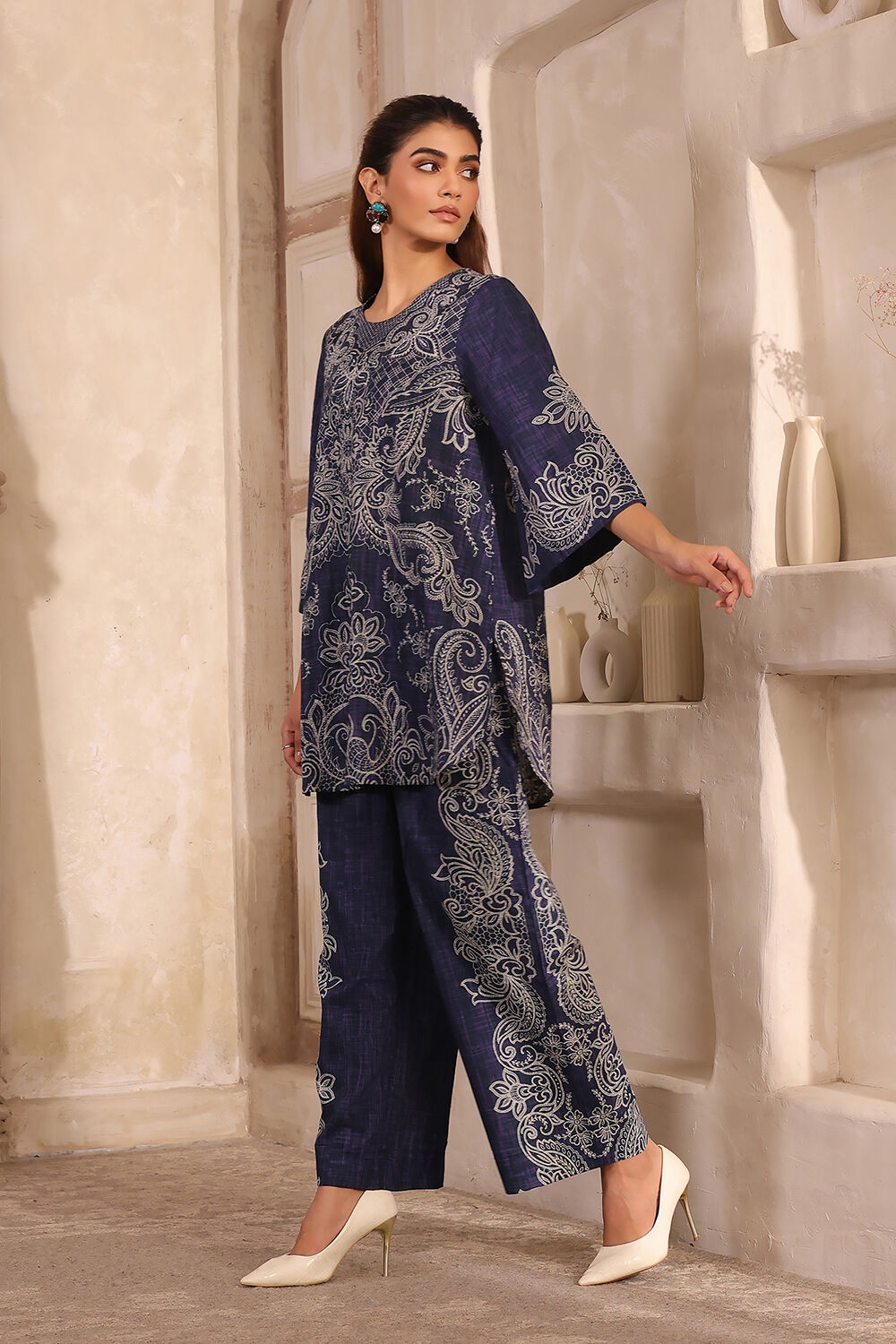 Blue Cotton Straight Printed Kurta Pants Set image number 3