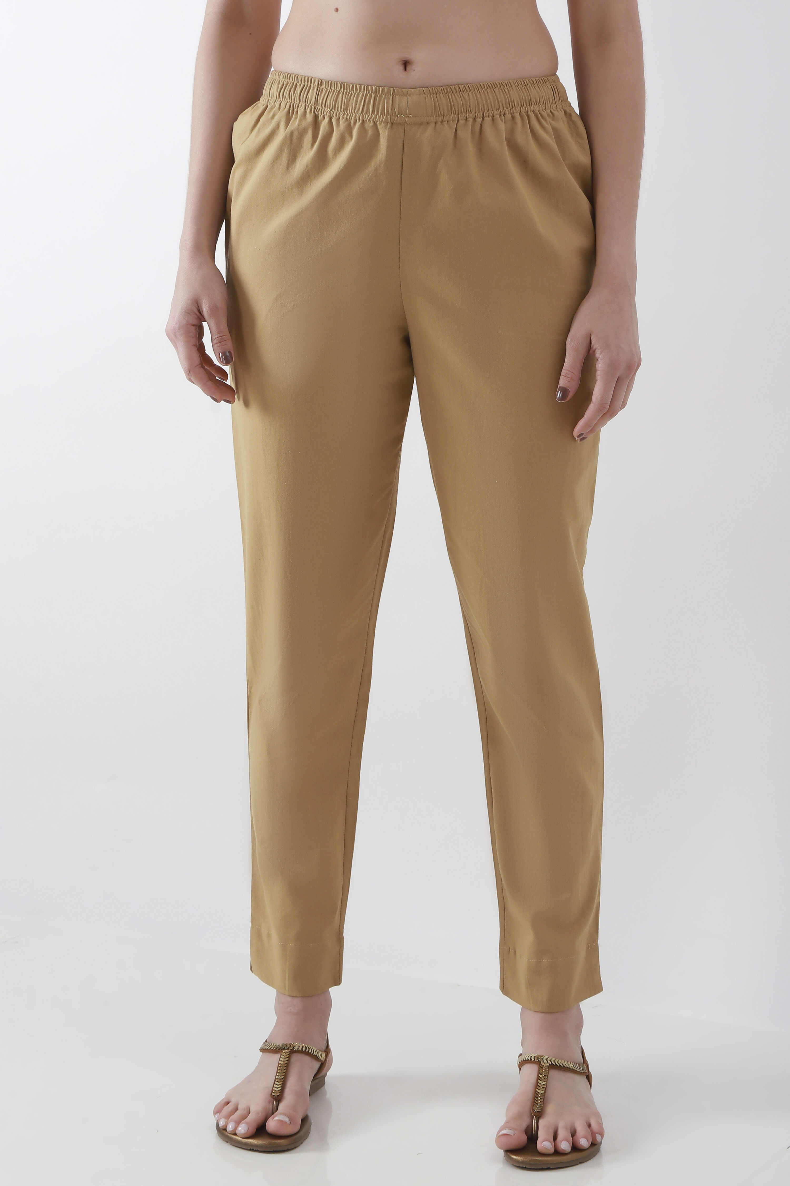 Beige Cotton Slim Pants image number 4