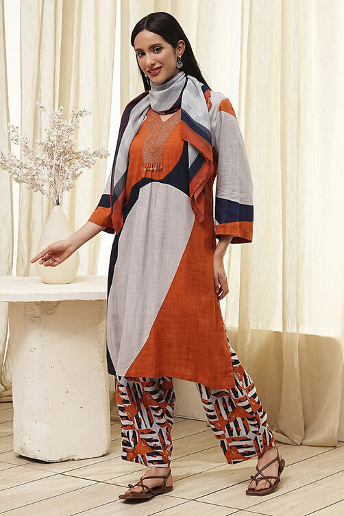 Orange and Beige Printed Straight Suit Set image number 3