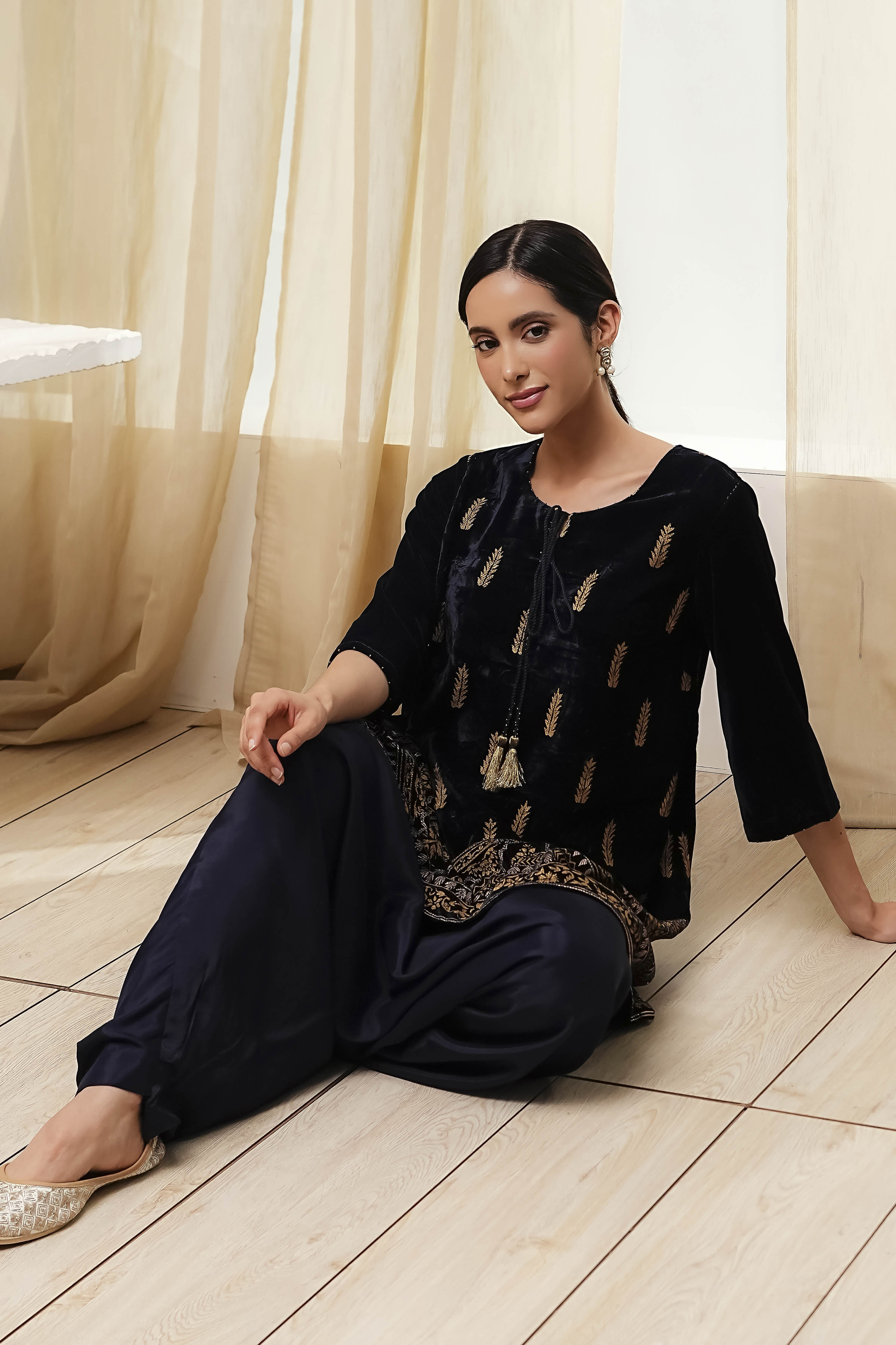 Navy Blue Polyester Straight Kurta Pants Set image number 0