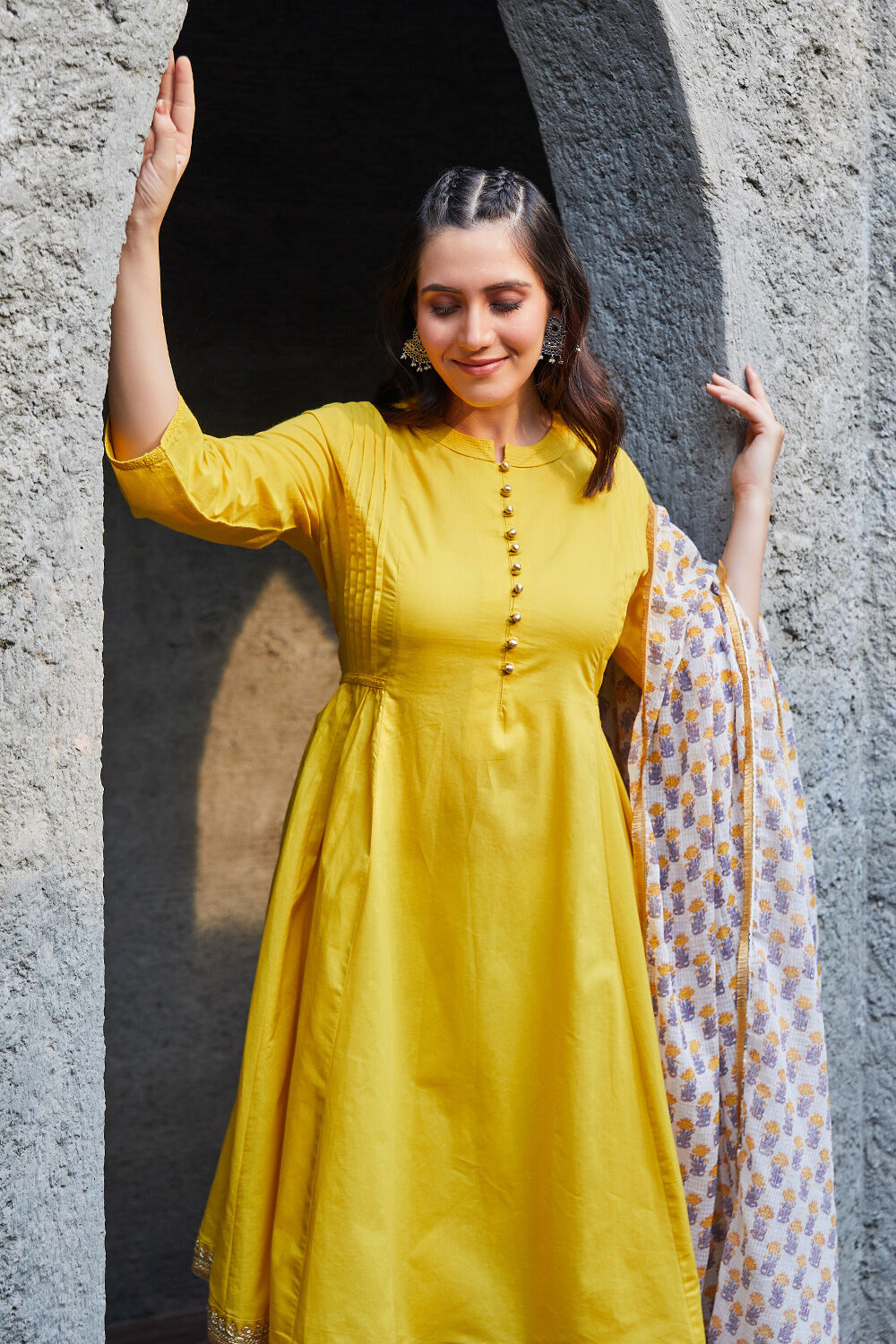 Yellow Cotton Gathered Kurta & Pants Suit Set image number 6
