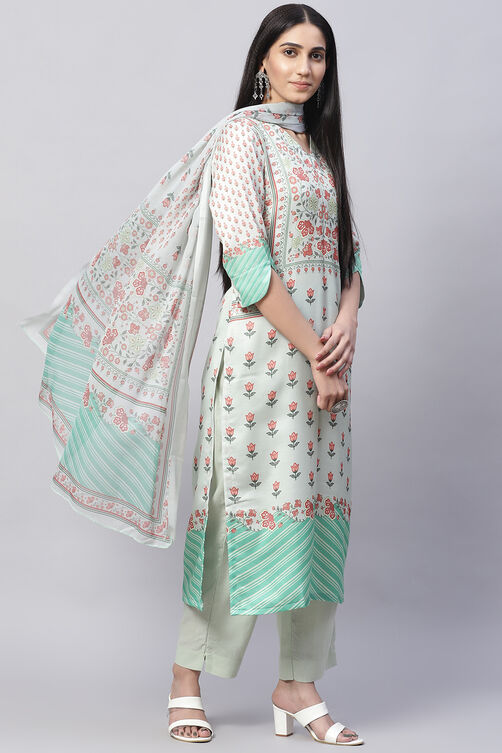 Pastel Green Cotton Blend Digital Print Unstitched Suit Set image number 6