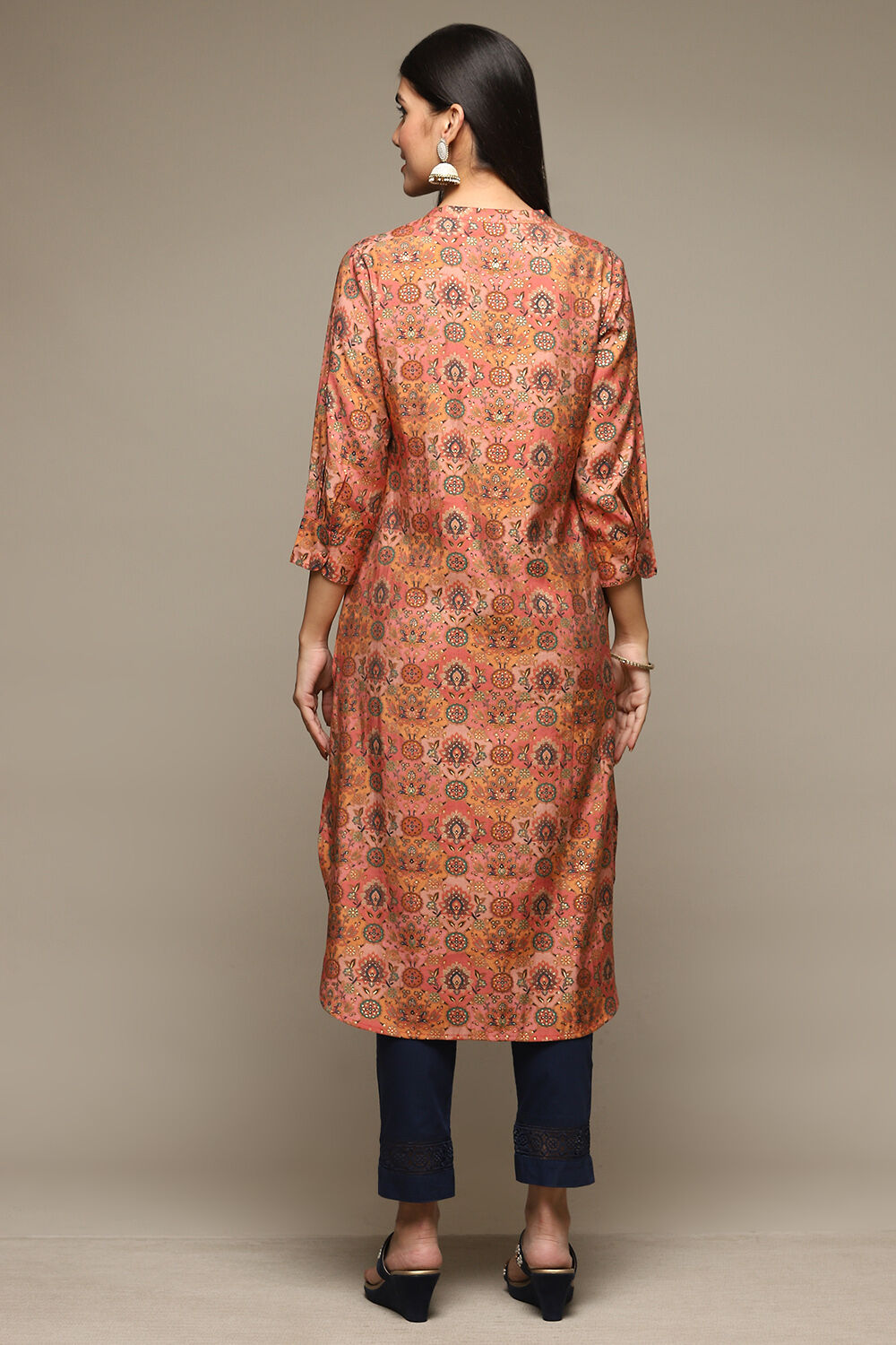Peach Viscose Blend Straight Printed Kurta image number 3