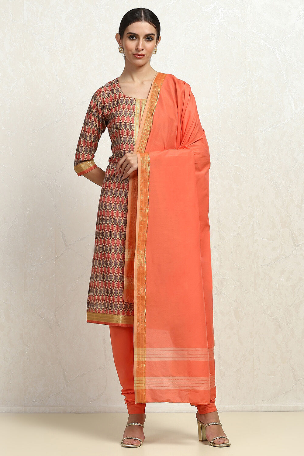 Grey Cotton Handloom Unstitched Suit Set image number 1