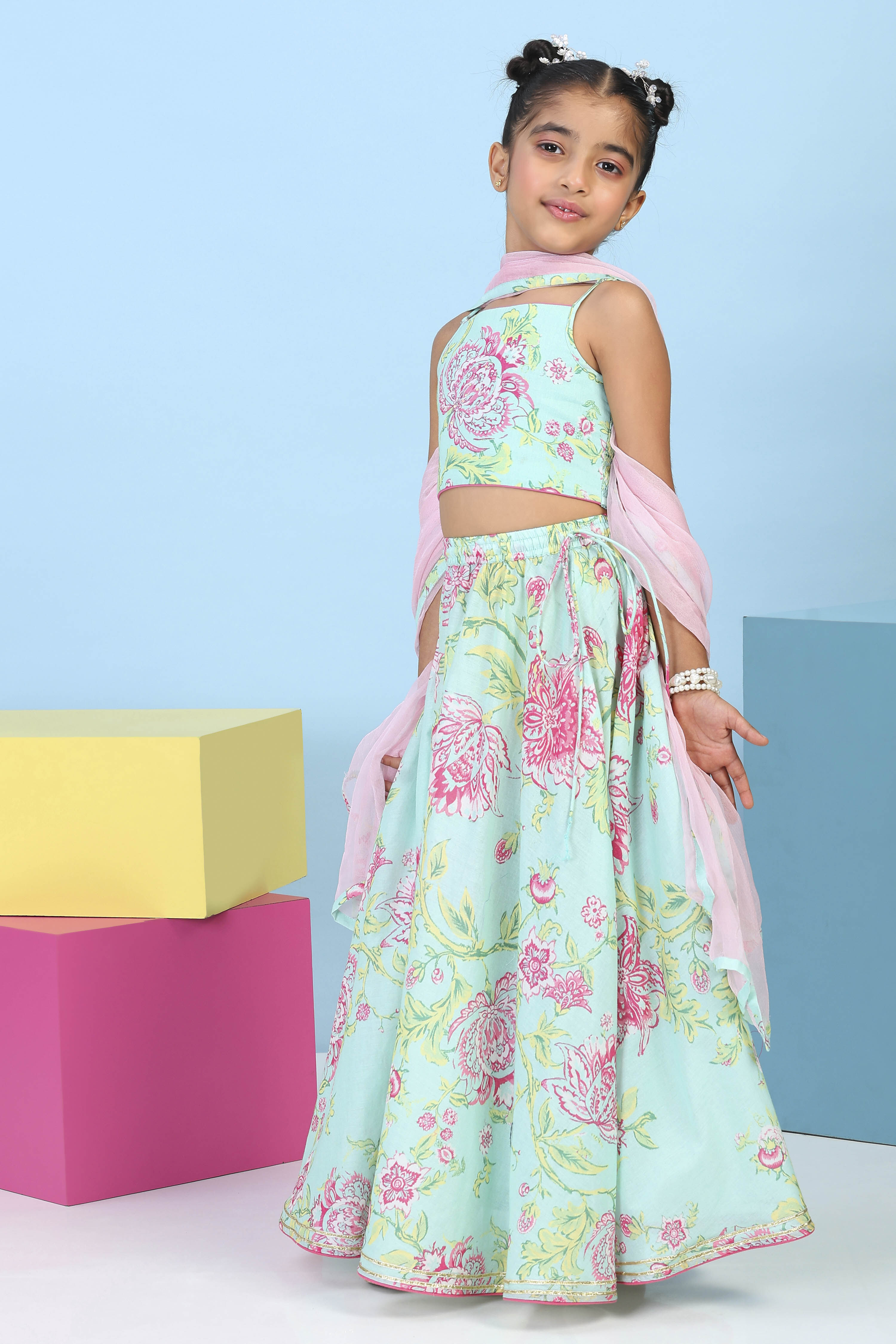 Aqua Cotton Printed Straight Lehenga Set image number 3