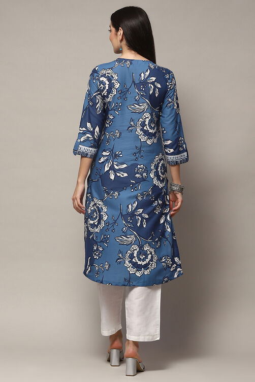 Electric Blue Viscose Straight Kurta image number 3