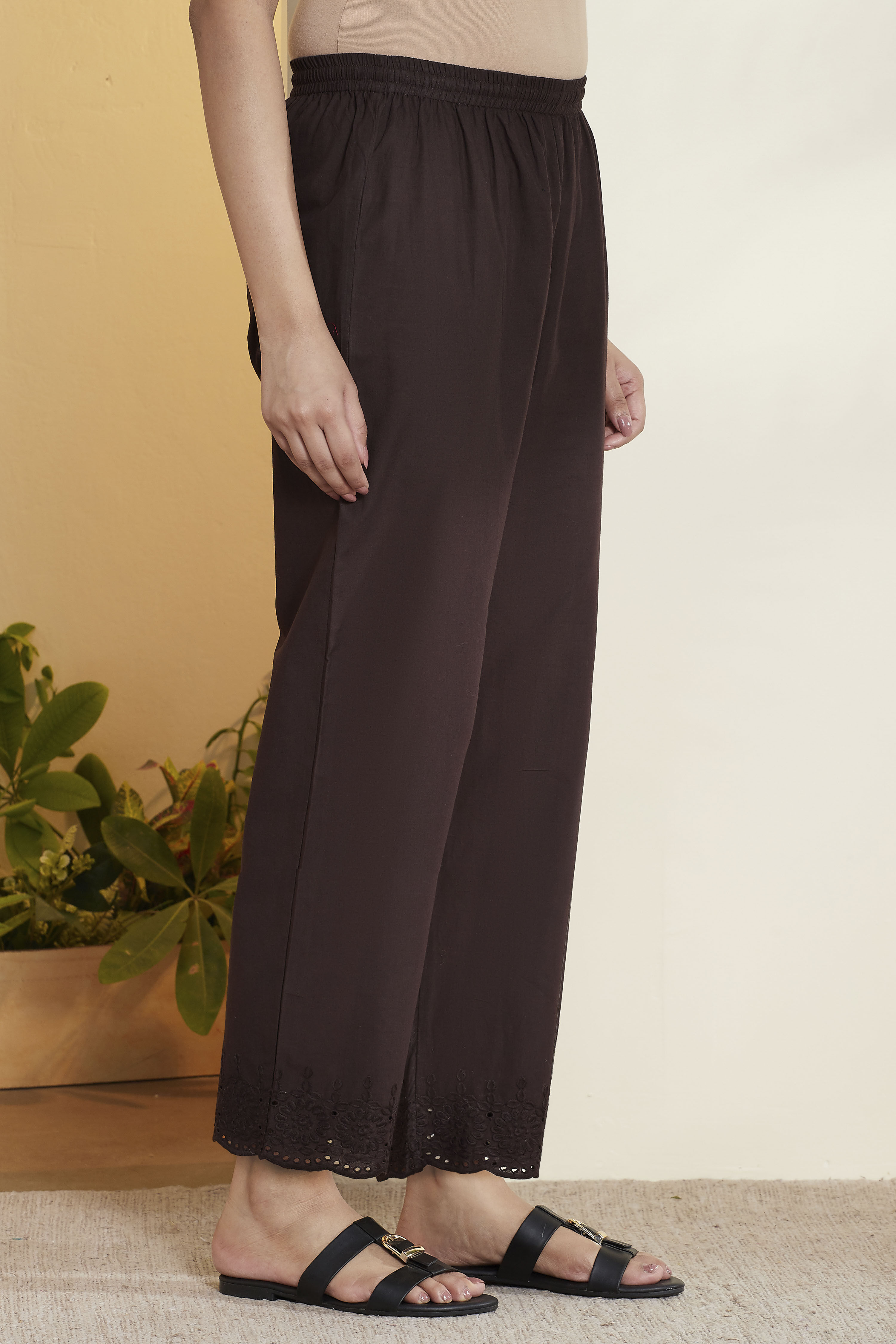 Chocolate Cotton Straight Palazzos image number 4