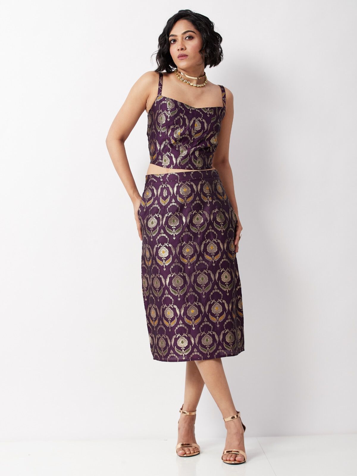 Purple Yarndyed Floral Midi Skirt image number 0