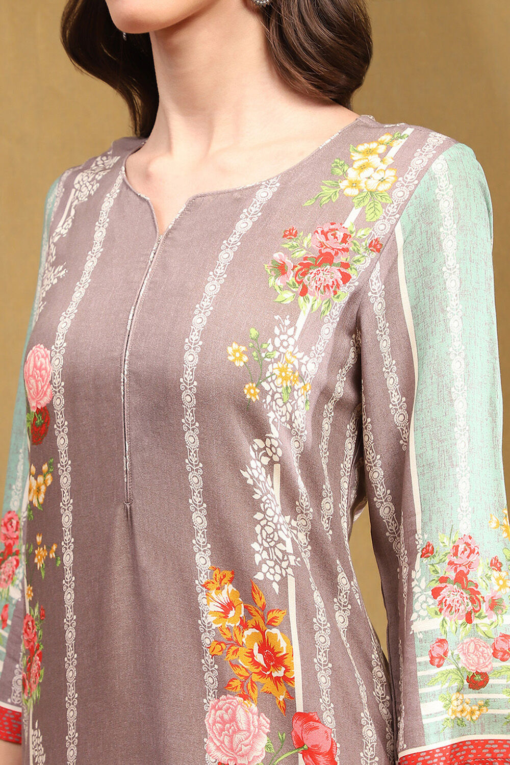 Grey Floral Block-Printed Regular Fit Straight Kurta image number 1