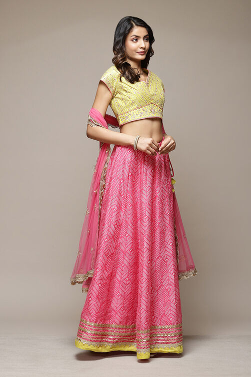 Fuschia & Lime Green Cotton Blend Lehenga Set image number 6