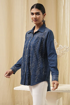 Blue Cotton Blend High-Low Straight Shirt image number 2