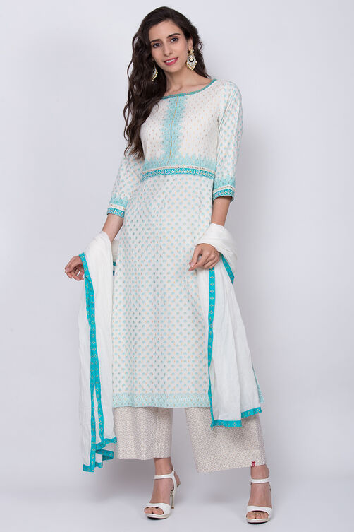 Off White Cotton Straight Printed Kurta image number 4