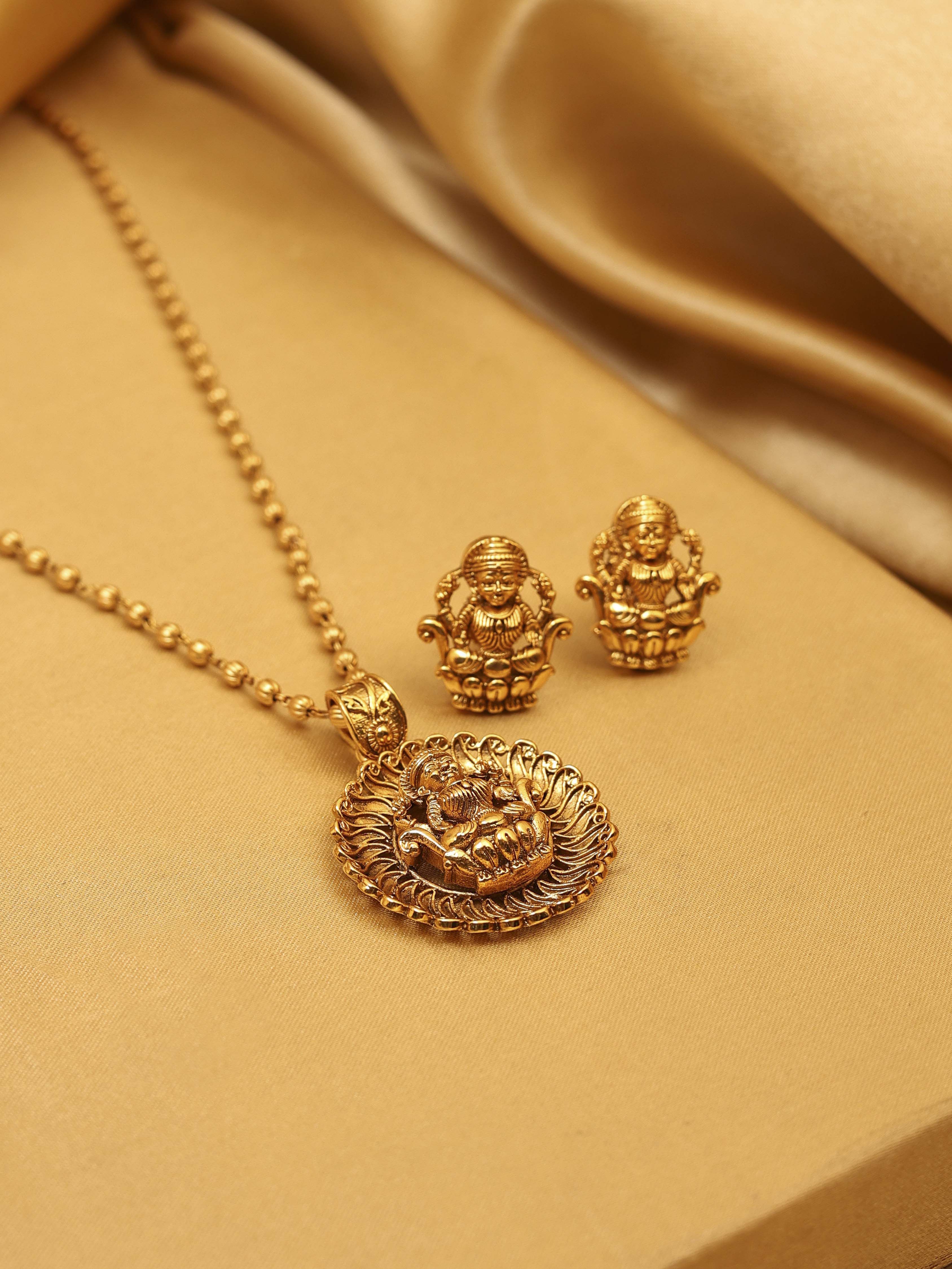 Gold Plated Brass Pendant Temple Necklace Set image number 3