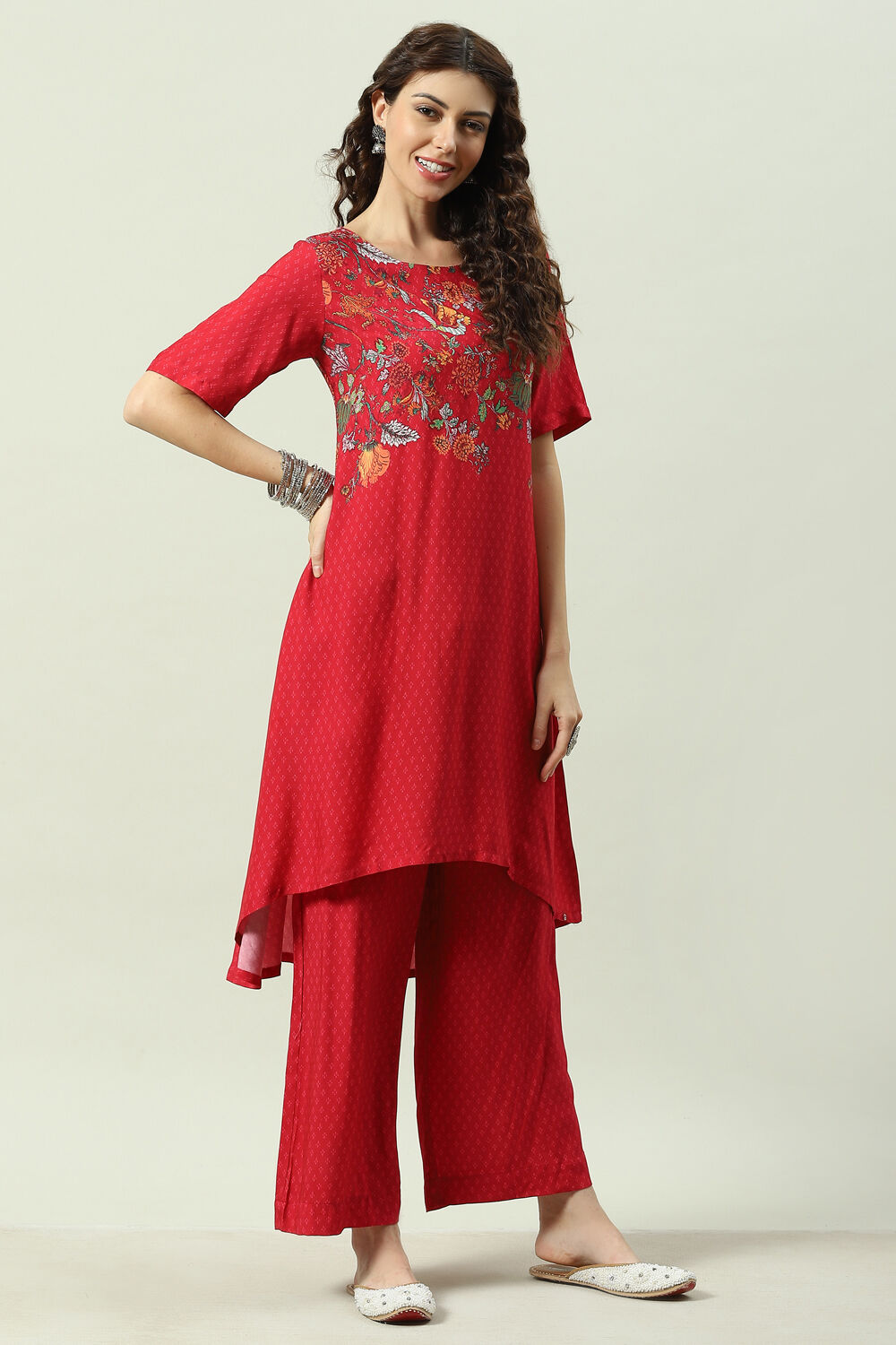 Red Printed LIVA Asymmetric Kurta Palazzo Suit Set image number 5