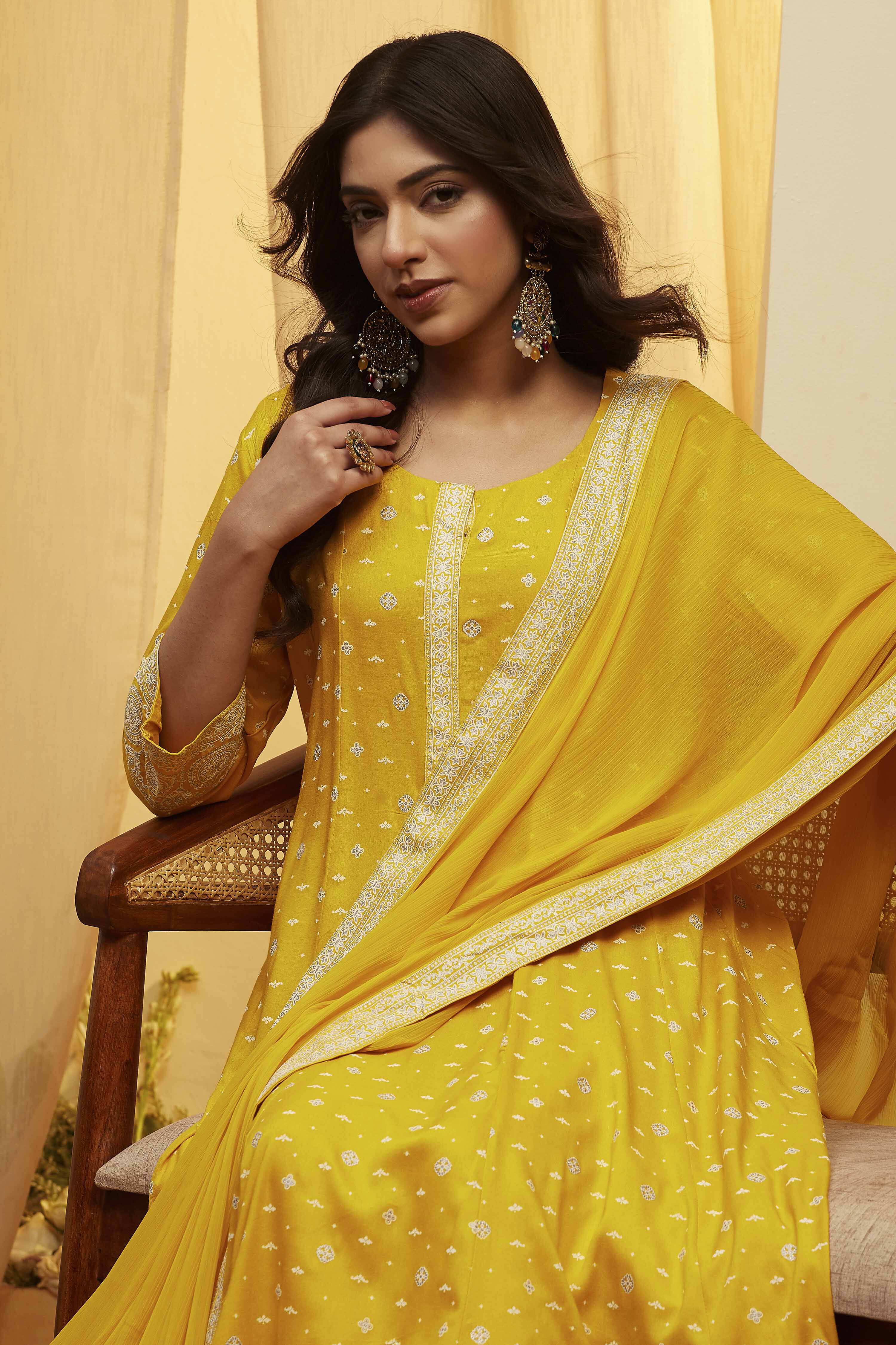Yellow Viscose Rayon Kalidar Suit Set image number 1