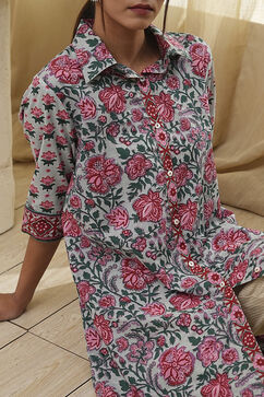 Blue and Pink Cotton Floral Shirt-Style Short Kurta image number 1