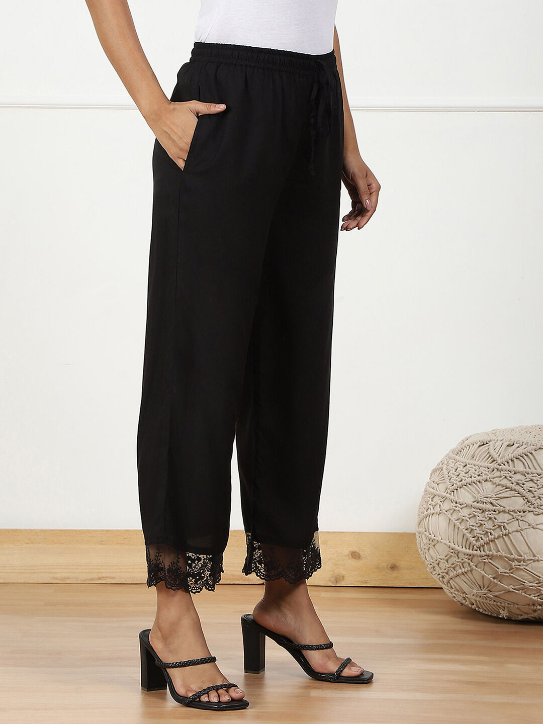 Black Rayon Regular Solid Palazzo image number 3