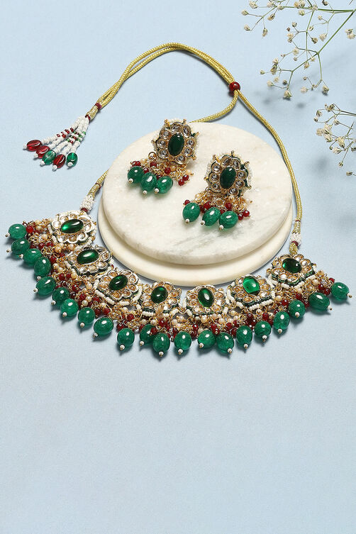 Green & Red Brass Necklace Set image number 0