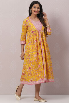 Mustard Cotton Flared Printed Kurta Dress With Shrug image number 6