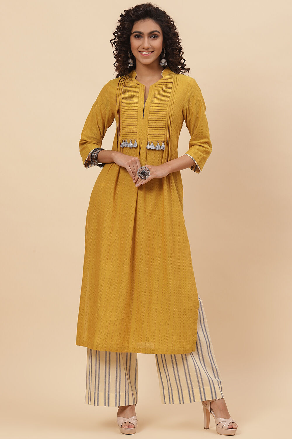 Mustard Cream Cotton Fusion Yarndyed Kurta Set image number 0