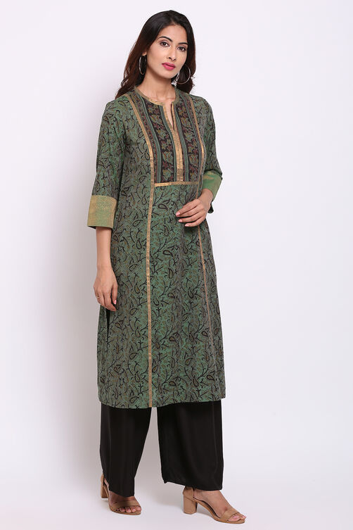 Teal Green A-Line Kalamkari Printed Kurta image number 4