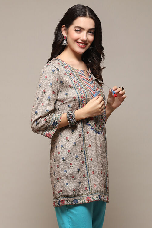 Melange Beige Poly Cotton Straight Printed Kurti image number 4