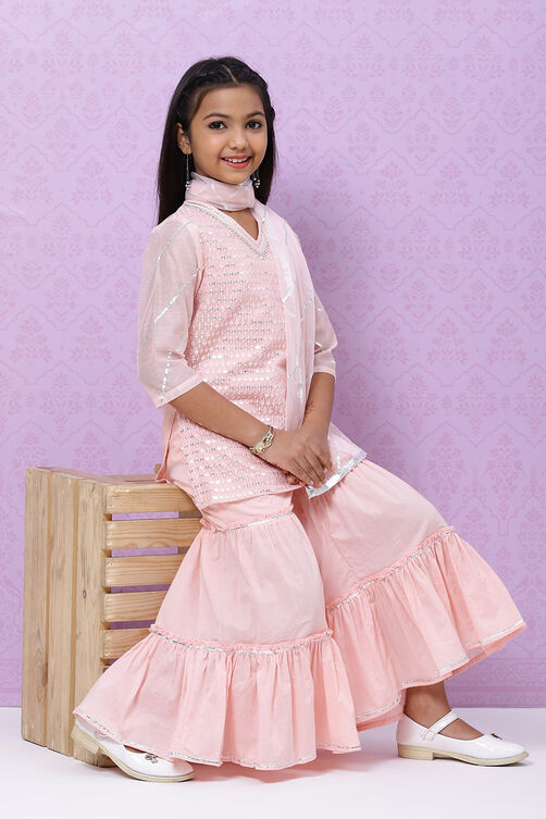 Pastel Pink Art Silk Girls Straight Kurta Sharara Suit Set image number 5