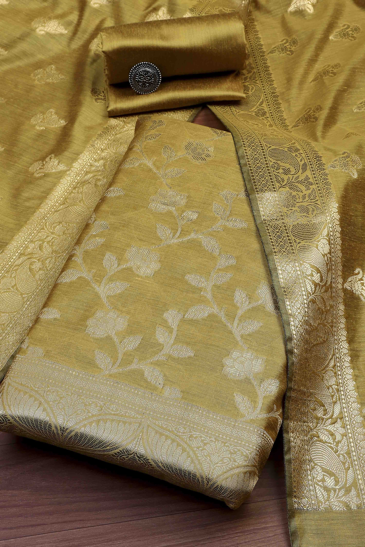 Yellow Cotton Printed Embroidered Unstitched Suit Set