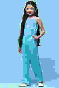 Aqua Printed Rayon Strappy Jumpsuit With Embroidered Yoke image number 2