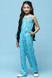 Aqua Printed Rayon Strappy Jumpsuit With Embroidered Yoke image number 2