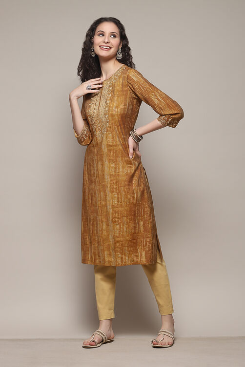 Gold Poly Viscose Straight Printed Kurta image number 0