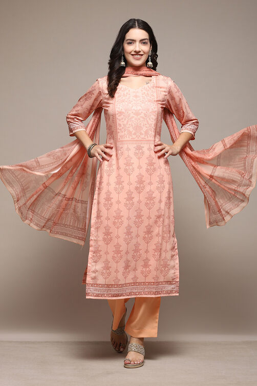 Peach Silk Blend Digital Print Unstitched Suit Set image number 8