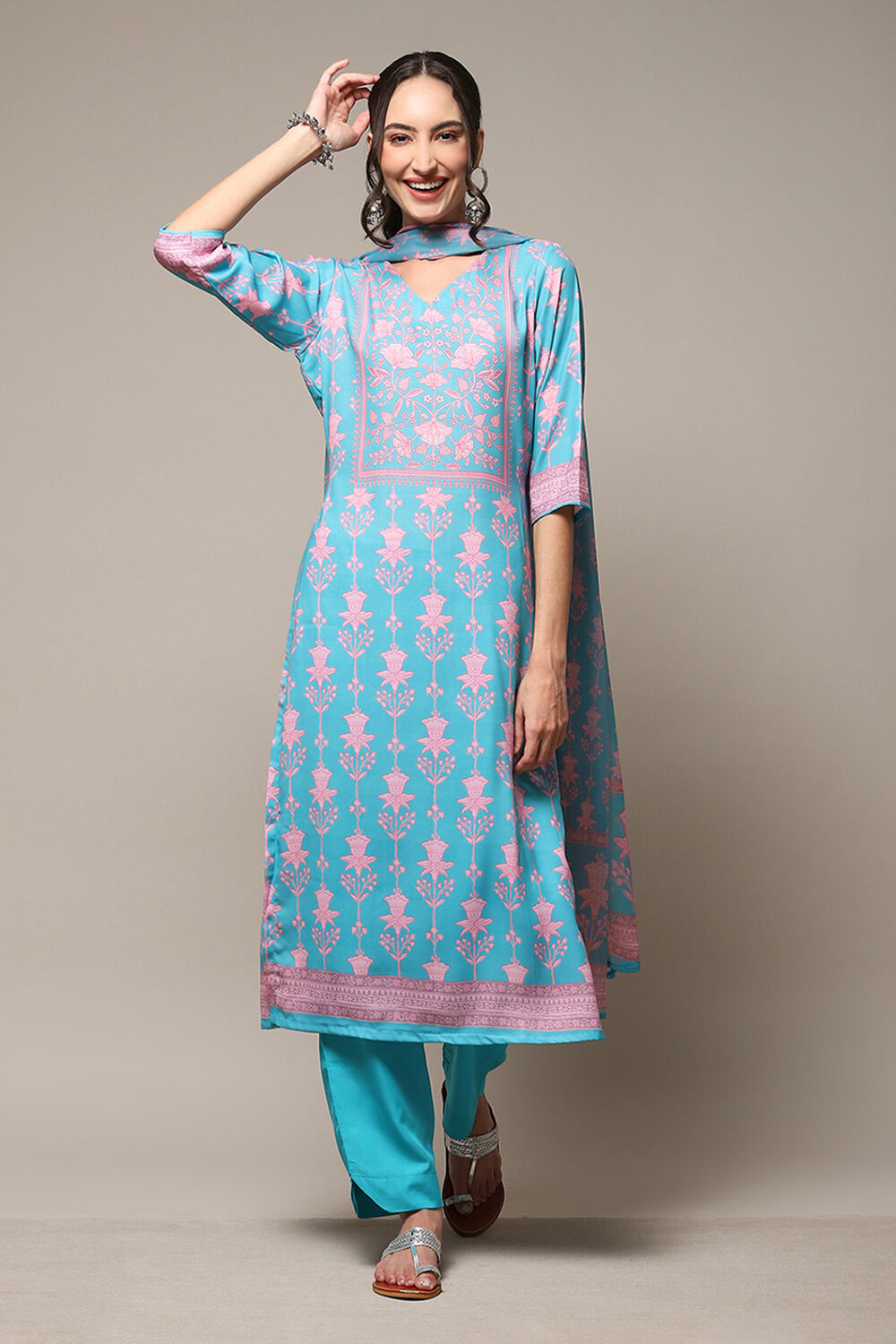 Indigo Chanderi Silk Unstitched Suit Set image number 8