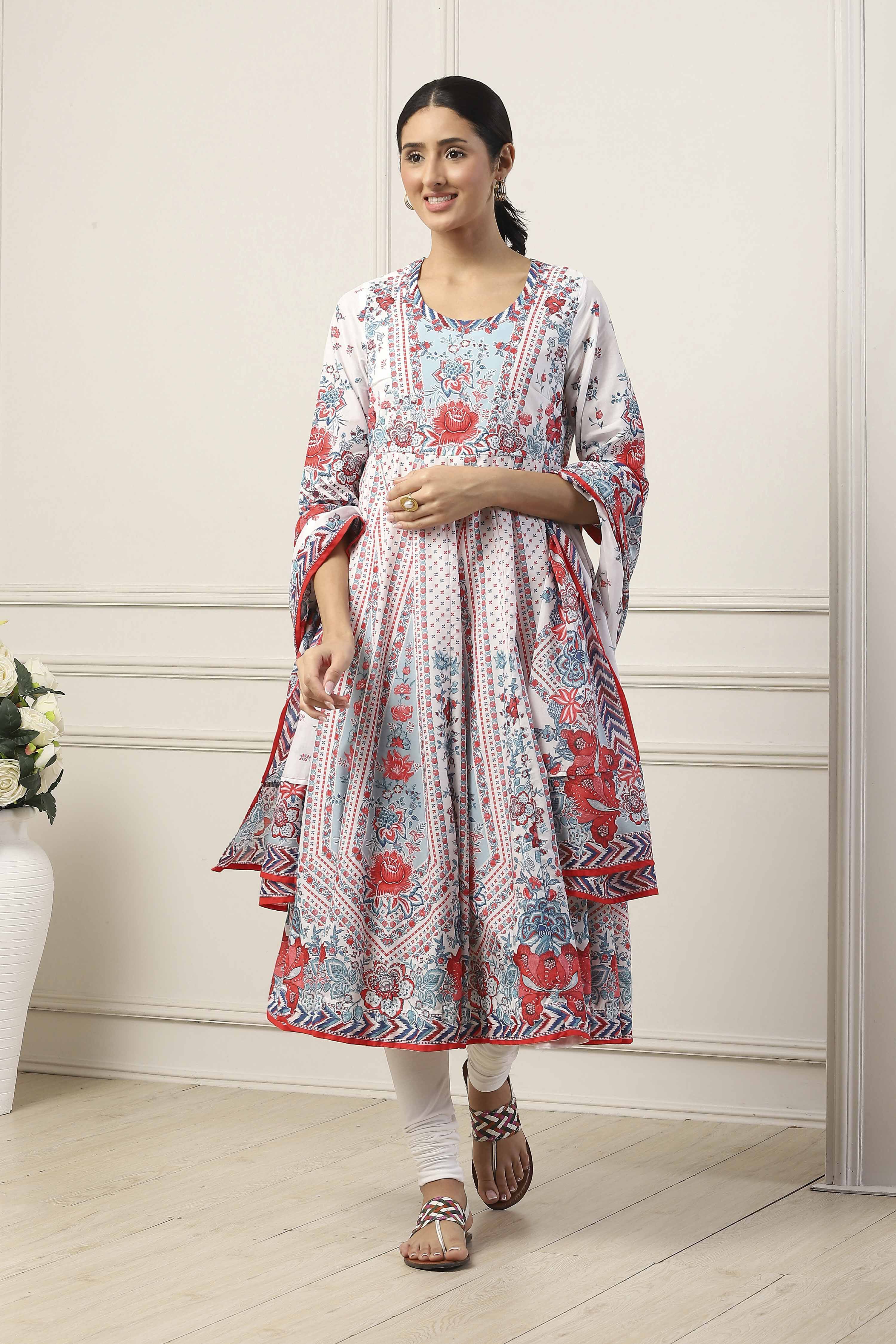 White Cotton Kalidar Suit Set image number 6