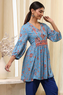 Dull Blue Viscose Rayon Straight Short Kurta image number 4