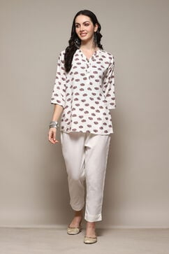 White Cotton Flax Slim Solid Pants image number 0