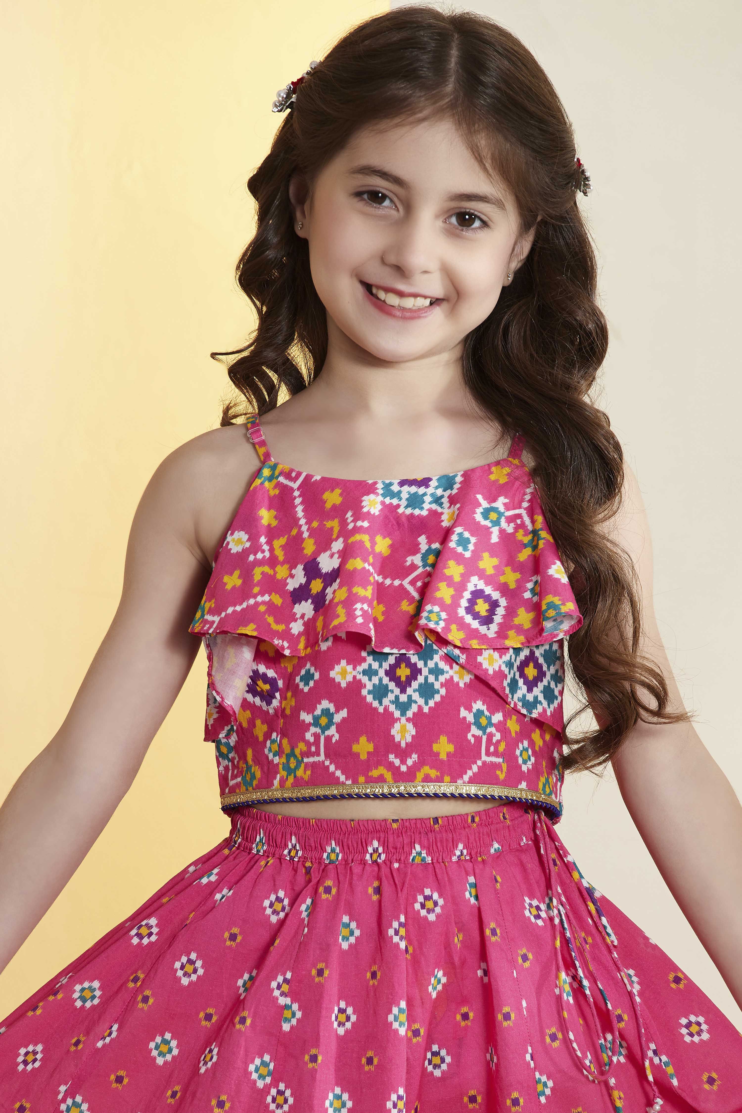 Pink Printed Cotton Lehenga Set image number 1
