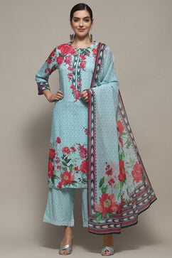 Turquoise Rayon Straight Suit Set image number 0