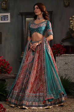 Turquoise Hand Embroidered Flared Lehenga Set image number 3