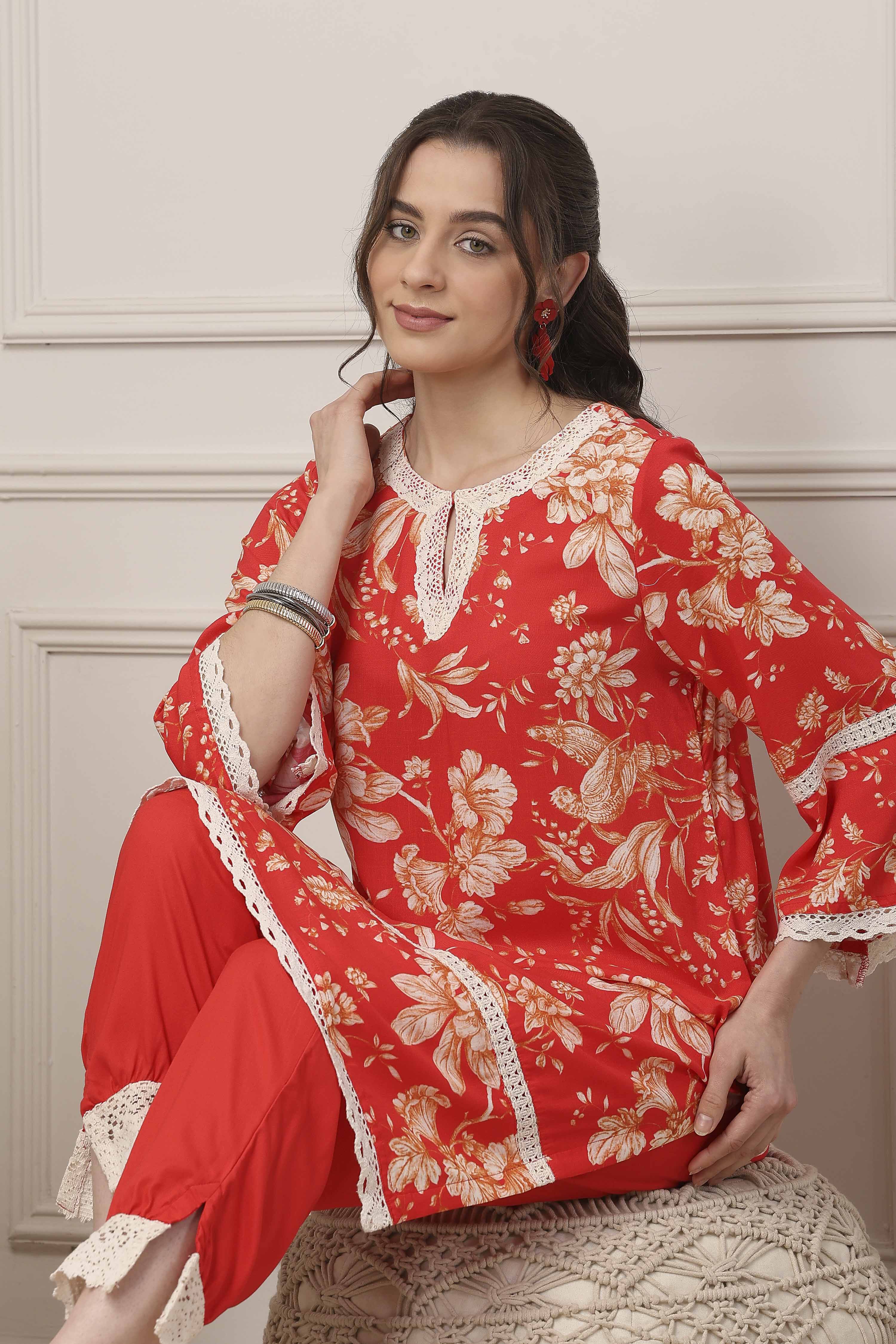 Red Floral Lace Work Straight Suit Set image number 7