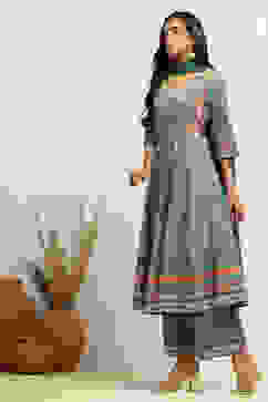 Turquoise Cotton Geometric Printed Anarkali Suit Set image number 3