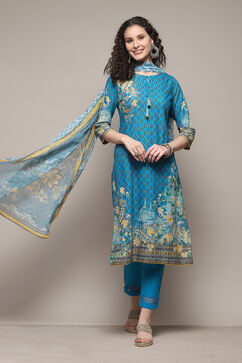 Turquoise Cotton Straight Printed Kurta Ankle Length Suit Set image number 7