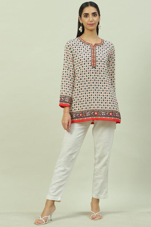 Off White Art Silk Straight Printed Kurti image number 5