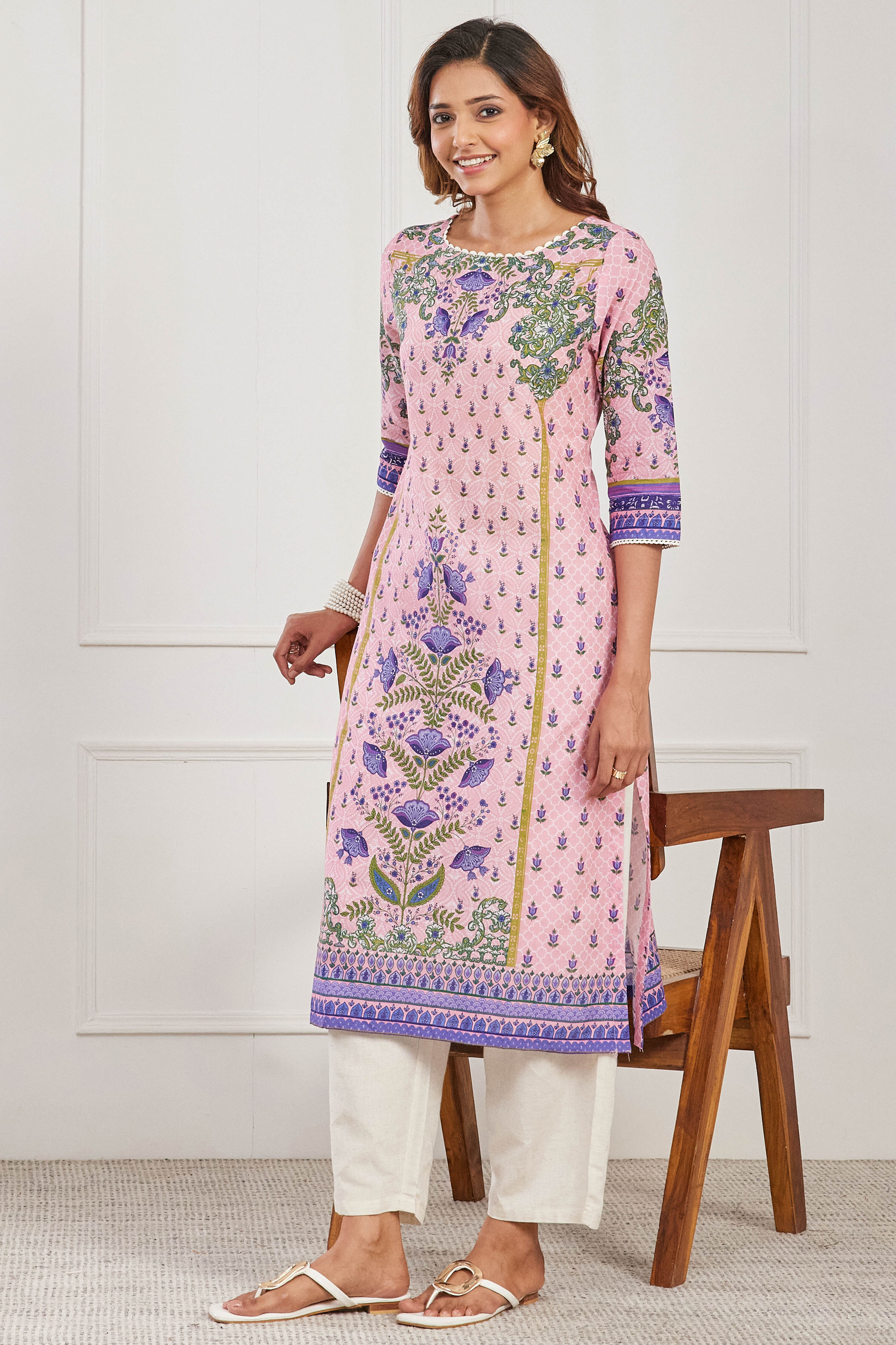 Pink Cotton Printed Straight Kurta image number 7