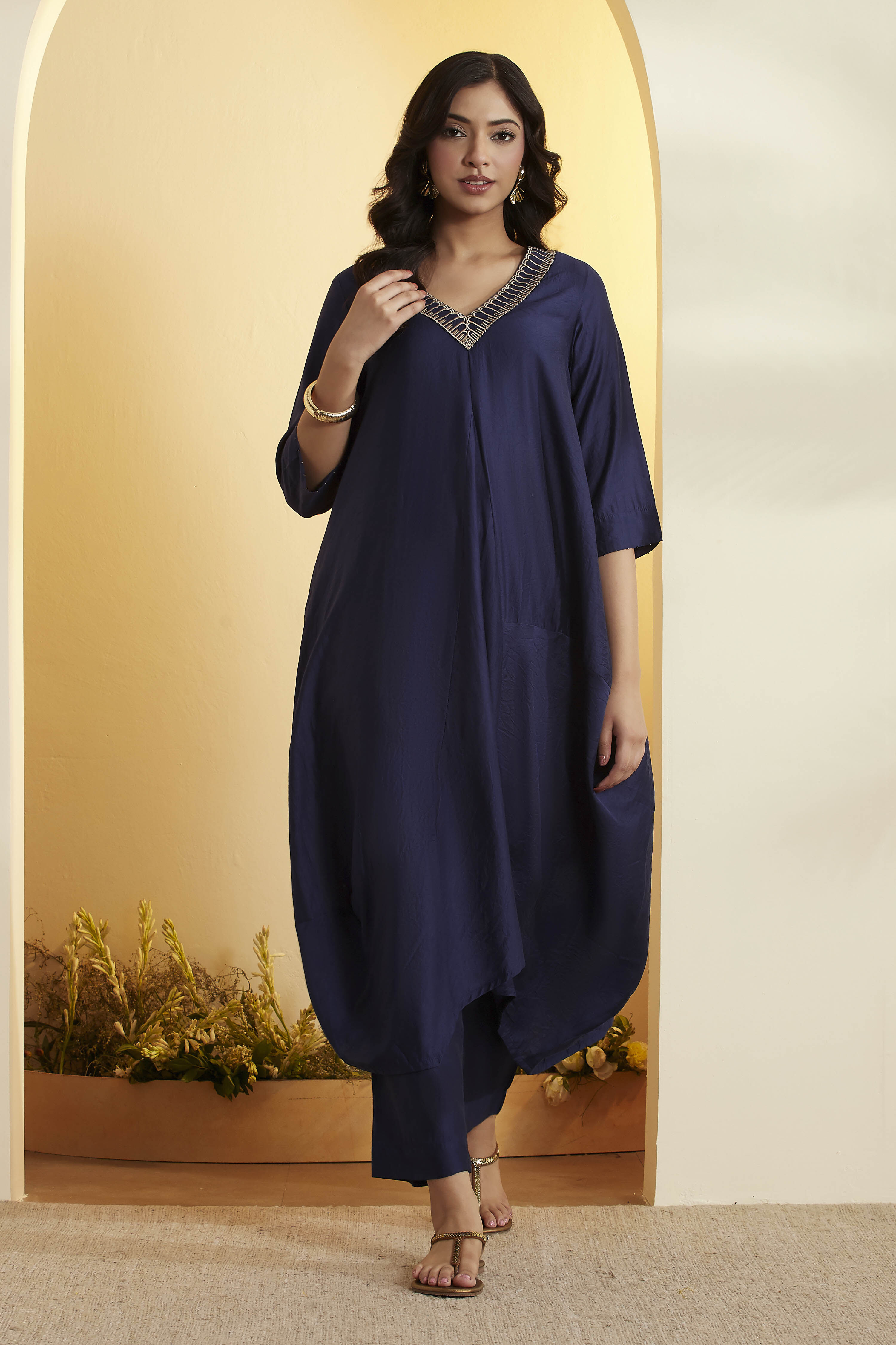Navy Viscose Silk Kalidar Kurta Pants Set image number 0