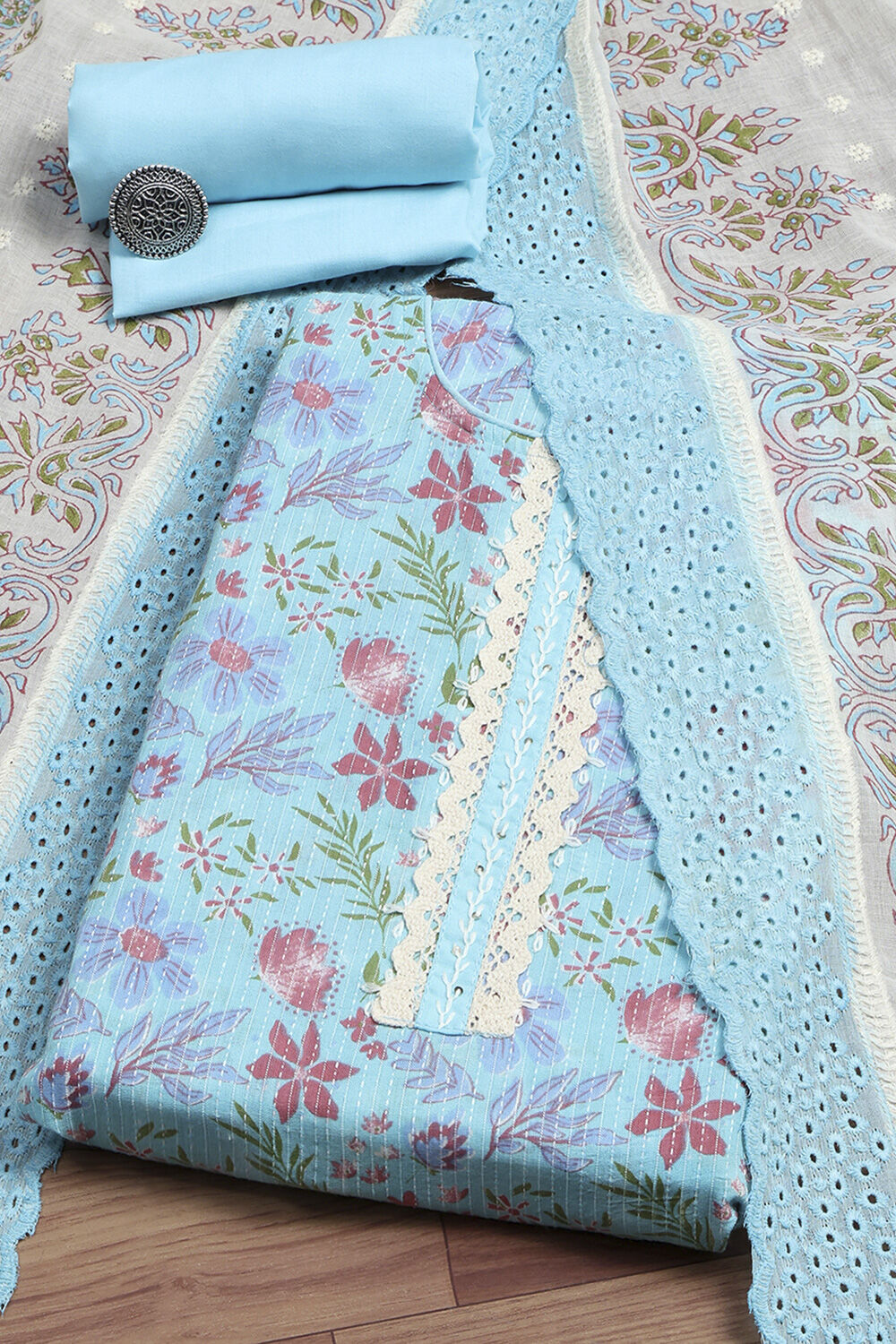 Turquoise Chanderi Handloom Unstitched Suit Set image number 0