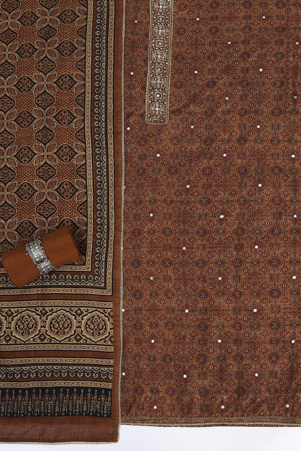 Mustard Brown Silk Blend Unstitched Suit Set image number 1